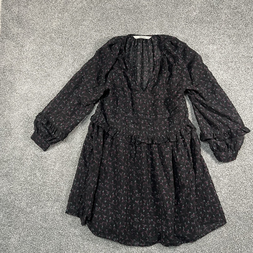 Zara Basic Womens XS Black Floral Ruffle Long Sleeve Boho Mini Dress